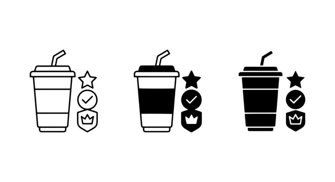 Beverage Icons: Three Styles of Drink Cups with Quality Badges, Vector Graphics