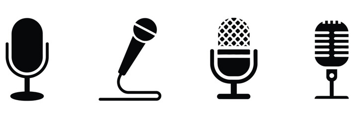 Microphone icons collection, different style mic pictogram set, karaoke singing microphone, podcast studio recording symbol,