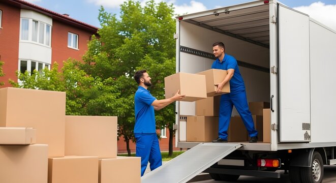 Delivery men moving cardboard boxes at warehouse loading dock