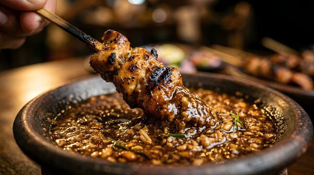 Sate Ayam Macro Close-Up Dipped in Peanut Sauce, Indonesian Satay Texture Detail