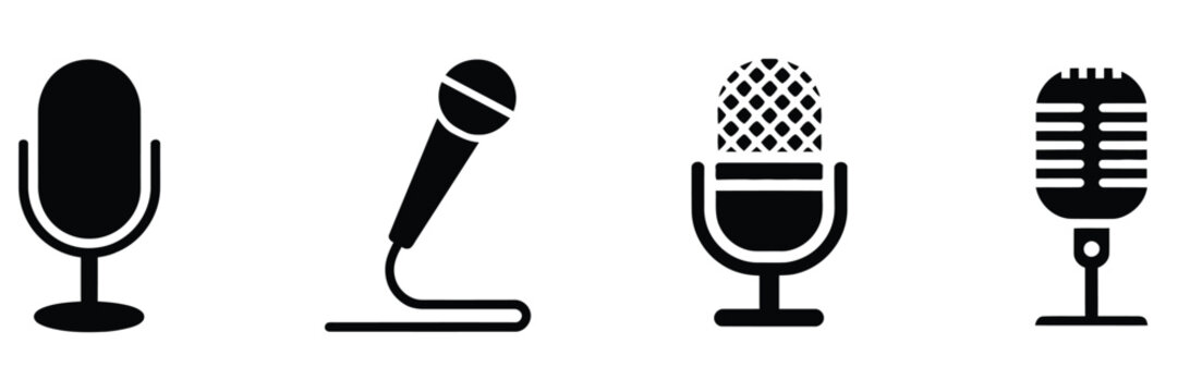 Microphone icons collection, different style mic pictogram set, karaoke singing microphone, podcast studio recording symbol,