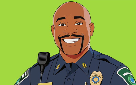 Cartoon African American Police Officer Speaking at Microphone