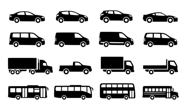 Minimal vehicle silhouette icon set cars vans trucks buses vector illustration isolated on white background