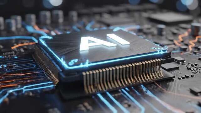 AI chip on circuit board with glowing lights ideal for tech startups and software promos