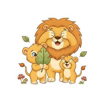 Funny angry cartoon lion mascot with  his baby  in dynamic pose, cute but grumpy expression, isolated on white background