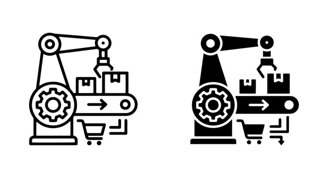 Robotic Arm Assembly Line Icons, Automated Packaging, Industrial Manufacturing, E-commerce Logistics