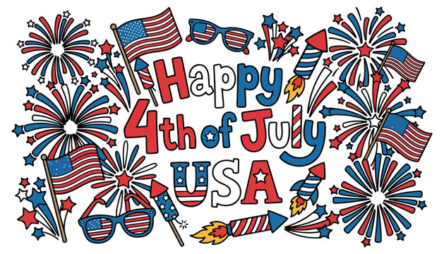 Patriotic 4th of July celebration, American flag fireworks, USA Independence Day vector graphics