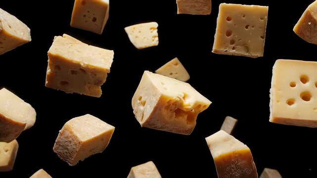 Moving sliced ​​cheddar cheese with black background for advertising