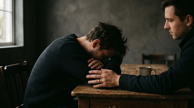 Man crying with head buried in arms, friend's hand on his shoulder, offering support.