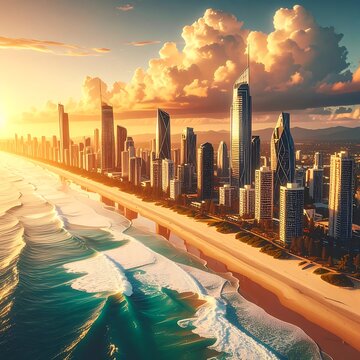 Aerial view of a coastal city at sunset with turquoise waves