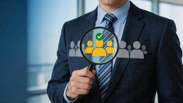 Businessman holding magnifying glass inspecting digital human icons recruiting concept hiring process selecting employees job search talent acquisition finding personnel workforce
