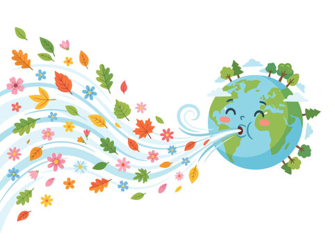 Smiling Earth Blowing Wind with Autumn Leaf and Flower Seasonal Nature Theme