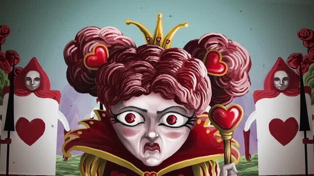 queen of hearts angry with marching card army