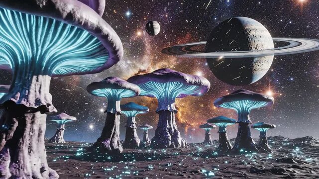 Alien mushrooms in outer space ideal for sleek commercial backgrounds and title sequences
