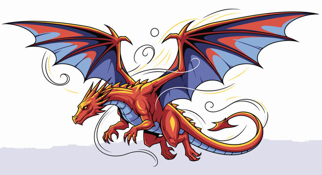 Vibrant dragon soaring with wings outspread in animated vector illustration