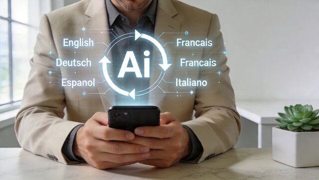 Businessman using smartphone artificial intelligence Ai technology translating language English Deutsch Espanol Francais Italiano modern office workspace holographic display