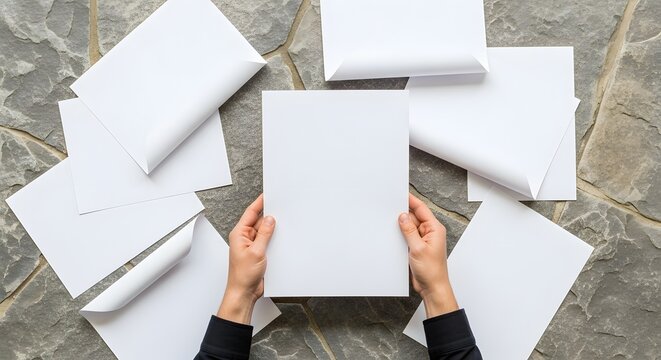 Hands holding a blank cardboard box surrounded by scattered boxes on a stone floor