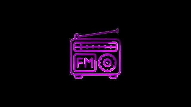 Purple neon radio with FM dial and antenna on black background