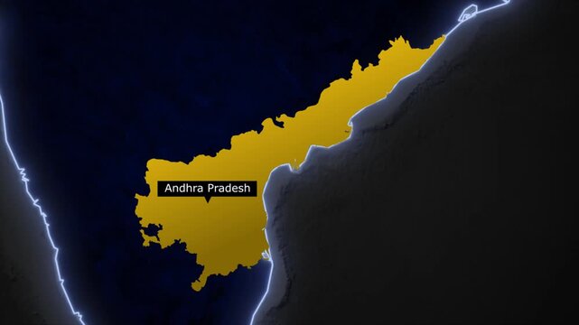 Andhra Pradesh map highlight animation, India state glowing border, Andhra Pradesh location map motion, geographic state highlight, India map focus effect, cinematic geography animation, modern map vi