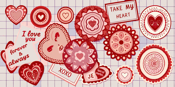 Collection of romantic papercut heart stickers with love messages