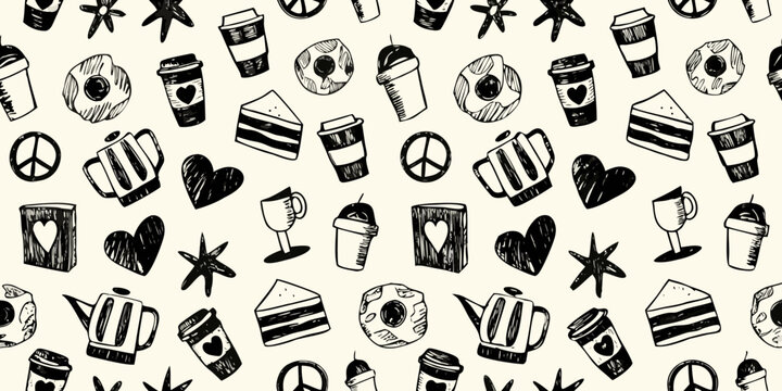Sketchy coffee and dessert pattern monochrome hand drawn style
