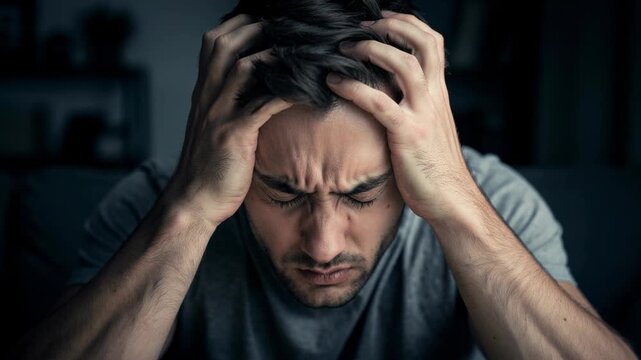 Stressed young man holding head in hands feeling overwhelmed and anxious in dark room