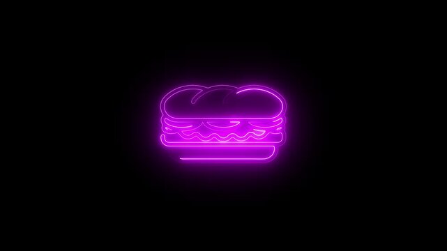 Purple neon hamburger on black background glowing neon sign