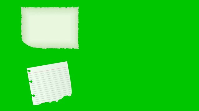 Torn lined paper sheets with frayed edges blowing in the wind on a bright green screen, drifting until lifted and carried away, perfect for motion graphics, compositing, and animated visual projects.