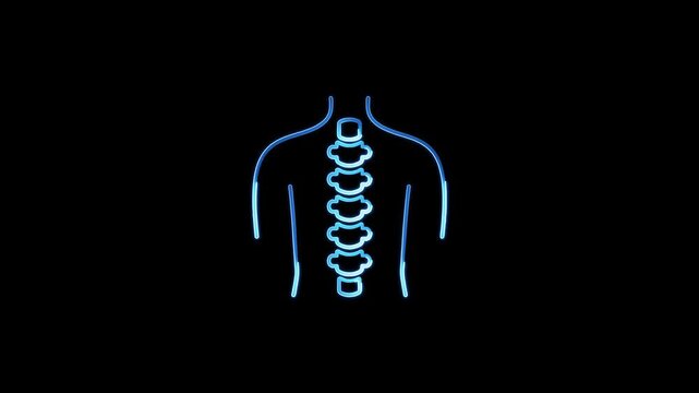 Blue neon human spine on black background glowing neon sign