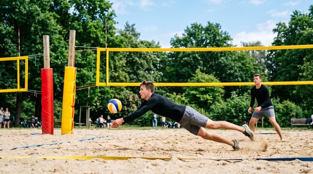 Young man playing beach volleyball on sand court. Professional athlete diving for ball during match. Summer outdoor sport competition. Active lifestyle, teamwork and physical training.