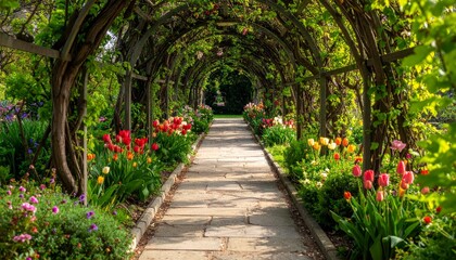 Fototapeta premium An ancient stone walkway winds through a medieval abbey cloister in Europe, featuring historic arches and columns that overlook a lush green garden path