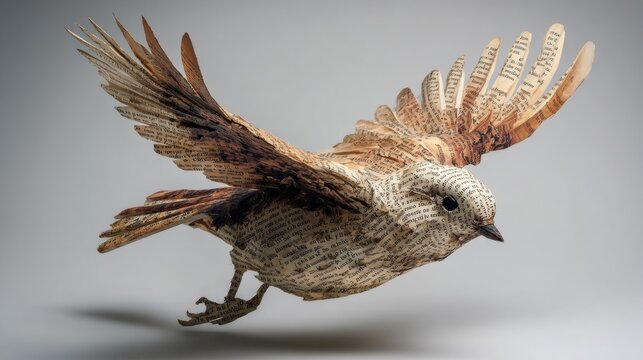 Flying bird made of torn book pages 
