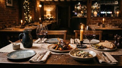Fototapeta premium Rustic Romantic Dinner Table with Candlelight in Cozy Restaurant