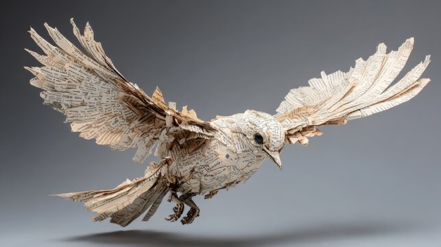 Flying bird made of torn book pages 