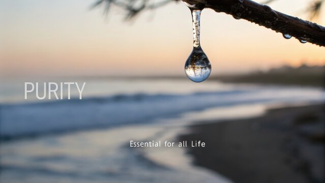 Single water droplet reflecting a serene beach scene