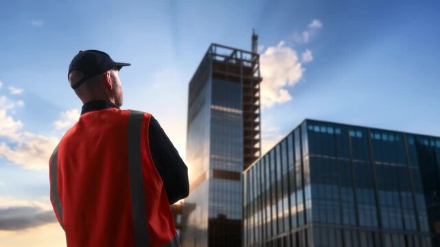 Construction Supervisor Examines Urban Skyline During Morning Light With Planning And Inspection Tools