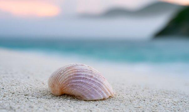 a textured shell on bone-white sand at Gouverneur Beach cove, ethereal rolling sea fog obscuring the coastline