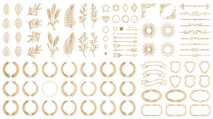 Gold floral elements wreaths and decorative borders for luxury design. © Ojufa