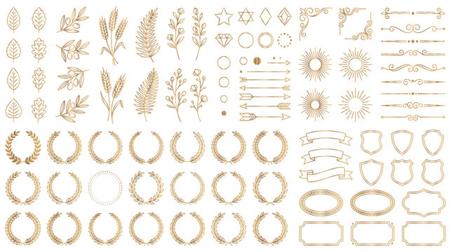 Gold floral elements wreaths and decorative borders for luxury design.