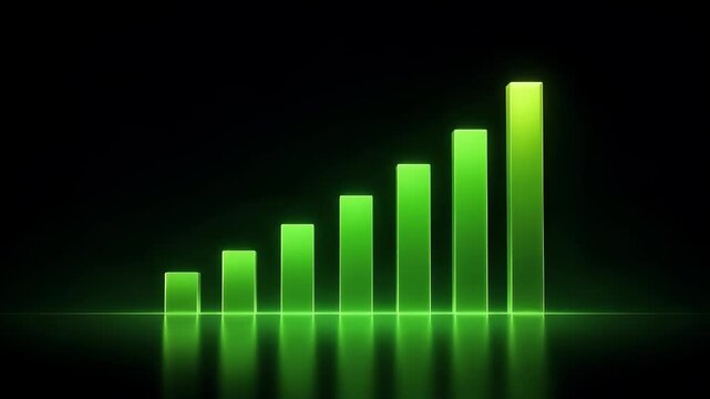 Visualizing Minimal Financial Growth A vibrant green bar chart on dark, reflective surface, illustrating corporate analytics and performance data progression
