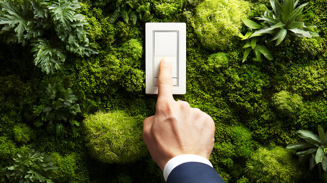 Hand switching on light on green moss wall