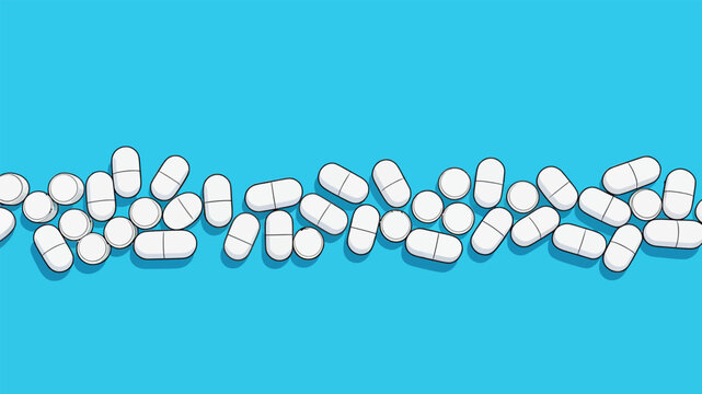 Flat lay of various white pharmaceutical pills on blue background