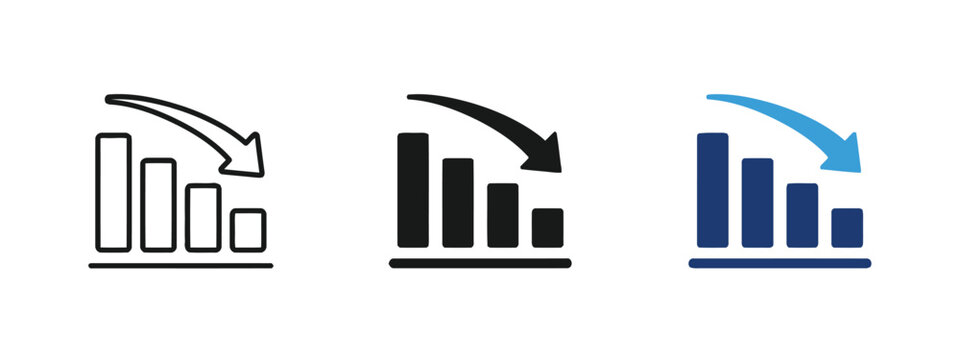 Bar chart with downward arrow sign, simple graph representing decrease and loss.