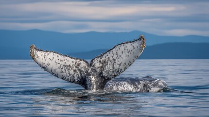 Naklejka premium Graceful Gray Whale Diving with Fluke Above Tranquil Waters
