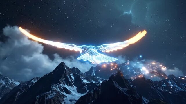 A digital illustration of a glowing bird flying over a mountain range at night