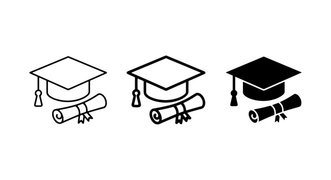 set of graduation cap with diploma silhouettes in black and white outline style