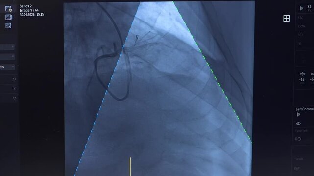 Cardiology clinic. Operating room in the cardiology department. Aortocoronary bypass surgery. This is what coronary artery bypass grafting looks like on a monitor.