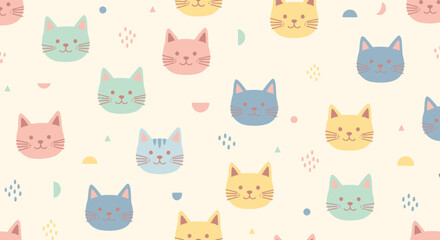 Obraz premium Colorful cartoon cat faces pattern.