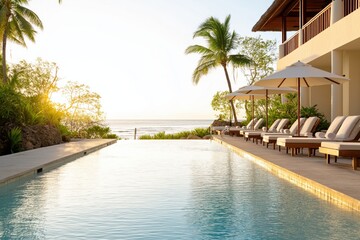 Fototapeta premium Idyllic beachfront resort at sunrise with a tranquil pool, lush palms, and serene ocean views, epitomizing relaxation.