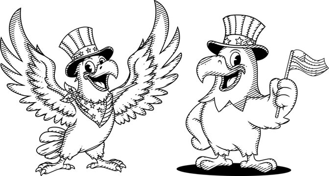 Hand-drawn patriotic American bald eagle cartoon characters in vintage engraving style. Mascots with top hats and flag for 4th of July, USA National Day,